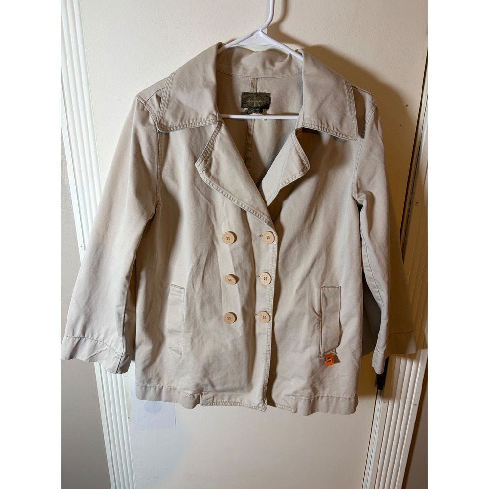 Calvin Klein Khakis Tan Double Breasted Twill Jacket Beige Coat 3/4 SleeveMedium